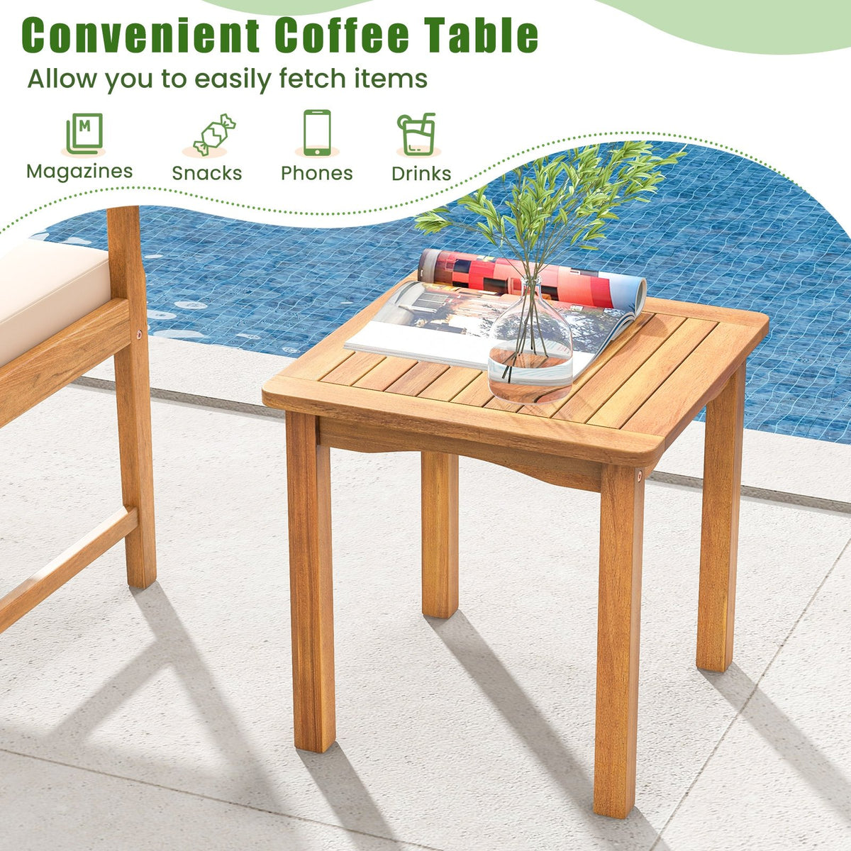 3 Piece Wood Patio Furniture Set with Seat Cushions and Acacia Wood Frame-White view 8