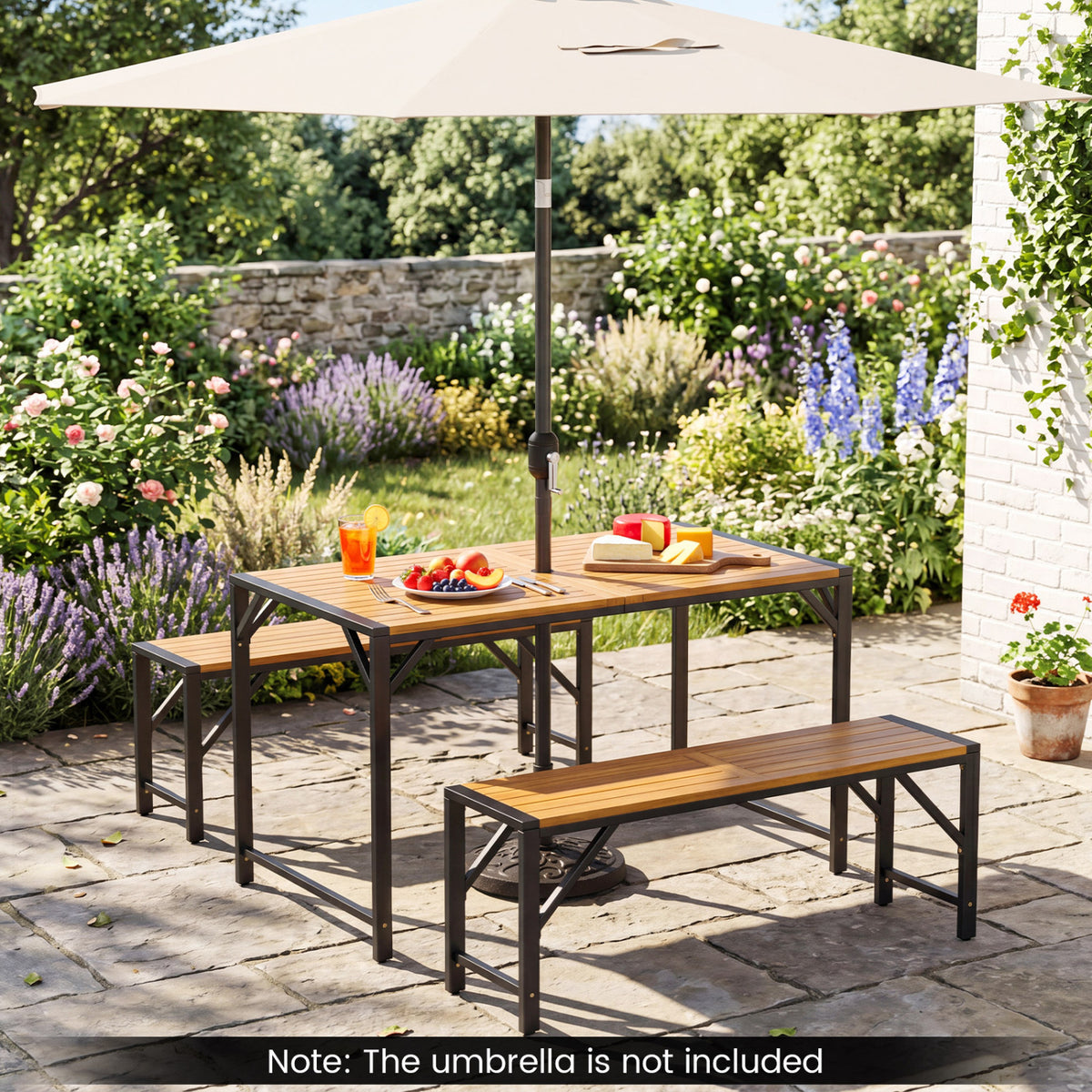 51 inches Acacia Wood Dining Table with Umbrella Hole & Metal Support for Garden view 3