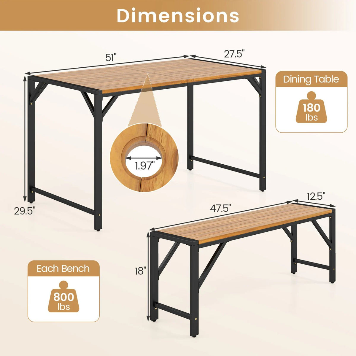 51 inches Acacia Wood Dining Table with Umbrella Hole & Metal Support for Garden view 5