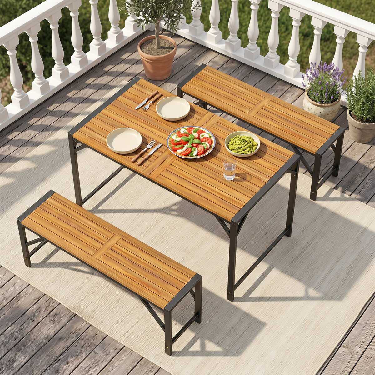 51 inches Acacia Wood Dining Table with Umbrella Hole & Metal Support for Garden view 6