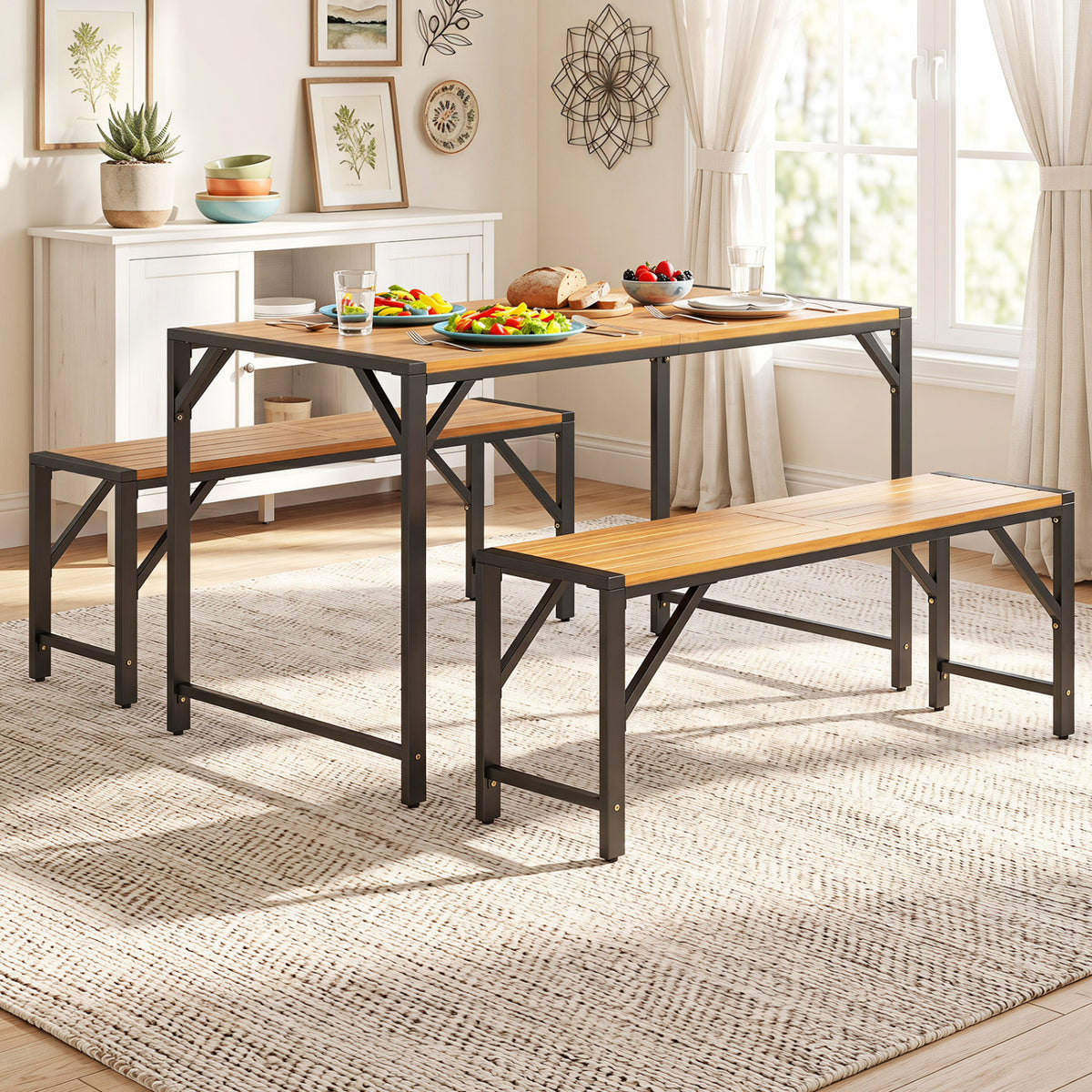 51 inches Acacia Wood Dining Table with Umbrella Hole & Metal Support for Garden view 7