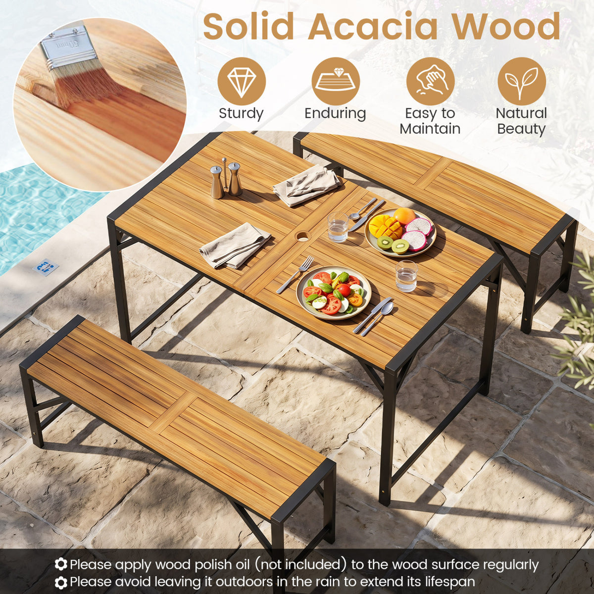 51 inches Acacia Wood Dining Table with Umbrella Hole & Metal Support for Garden view 8
