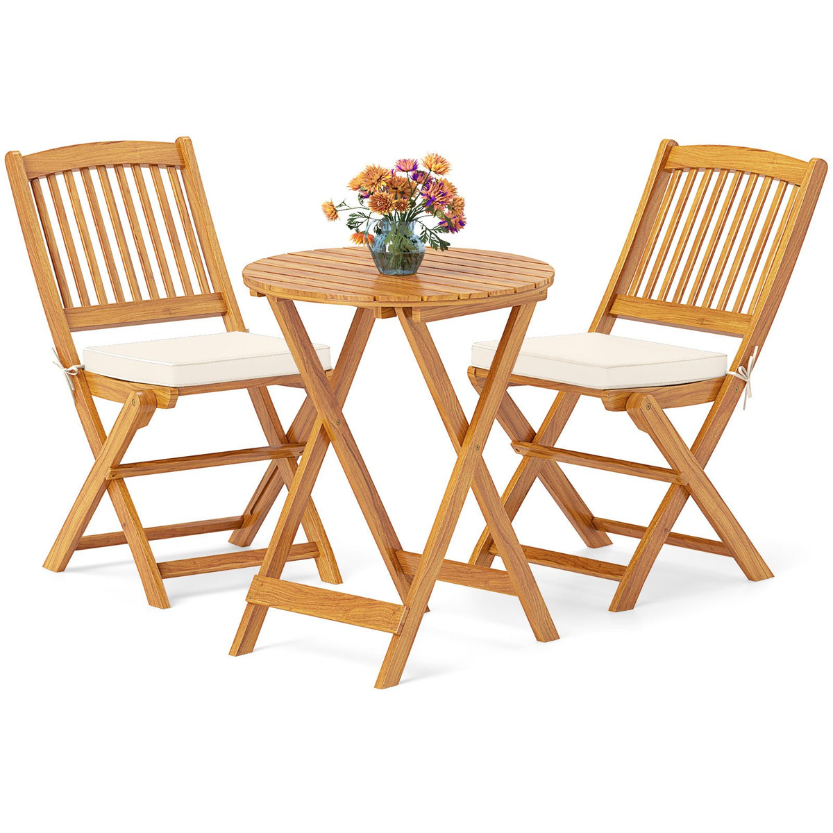 3 Pieces Acacia Wood Patio Folding Bistro Set with Soft Cushions-Beige view 4