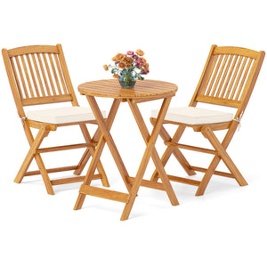 3 Pieces Acacia Wood Patio Folding Bistro Set with Soft Cushions-Beige view 4