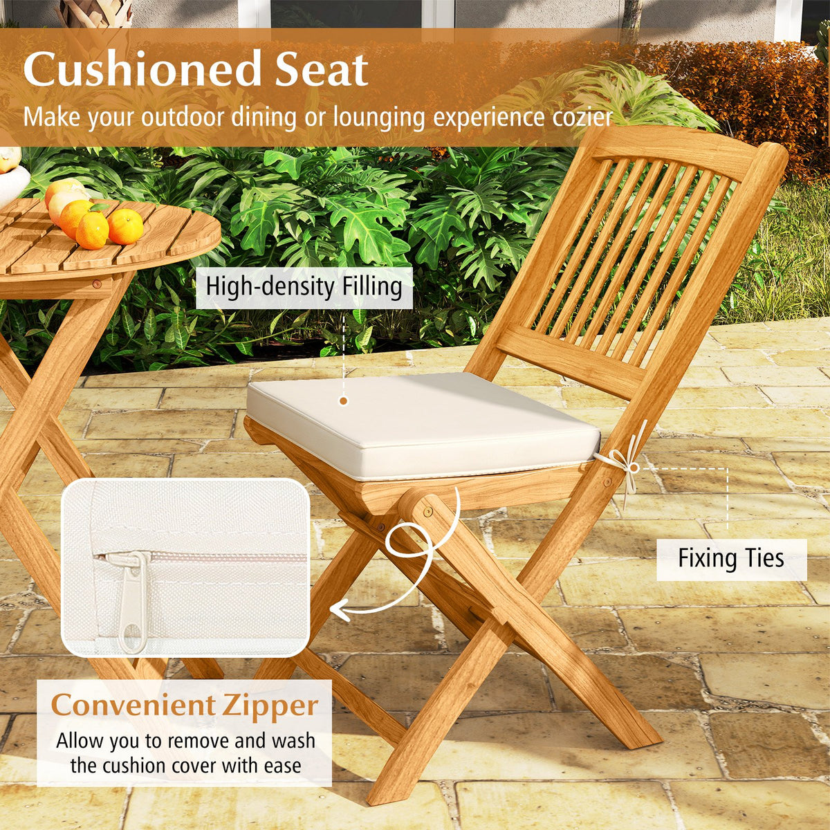 3 Pieces Acacia Wood Patio Folding Bistro Set with Soft Cushions-Beige view 9