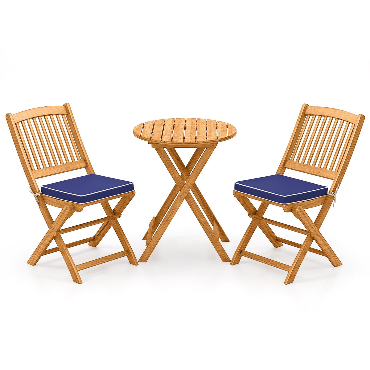 3 Pieces Acacia Wood Patio Folding Bistro Set with Soft Cushions-Navy view 4