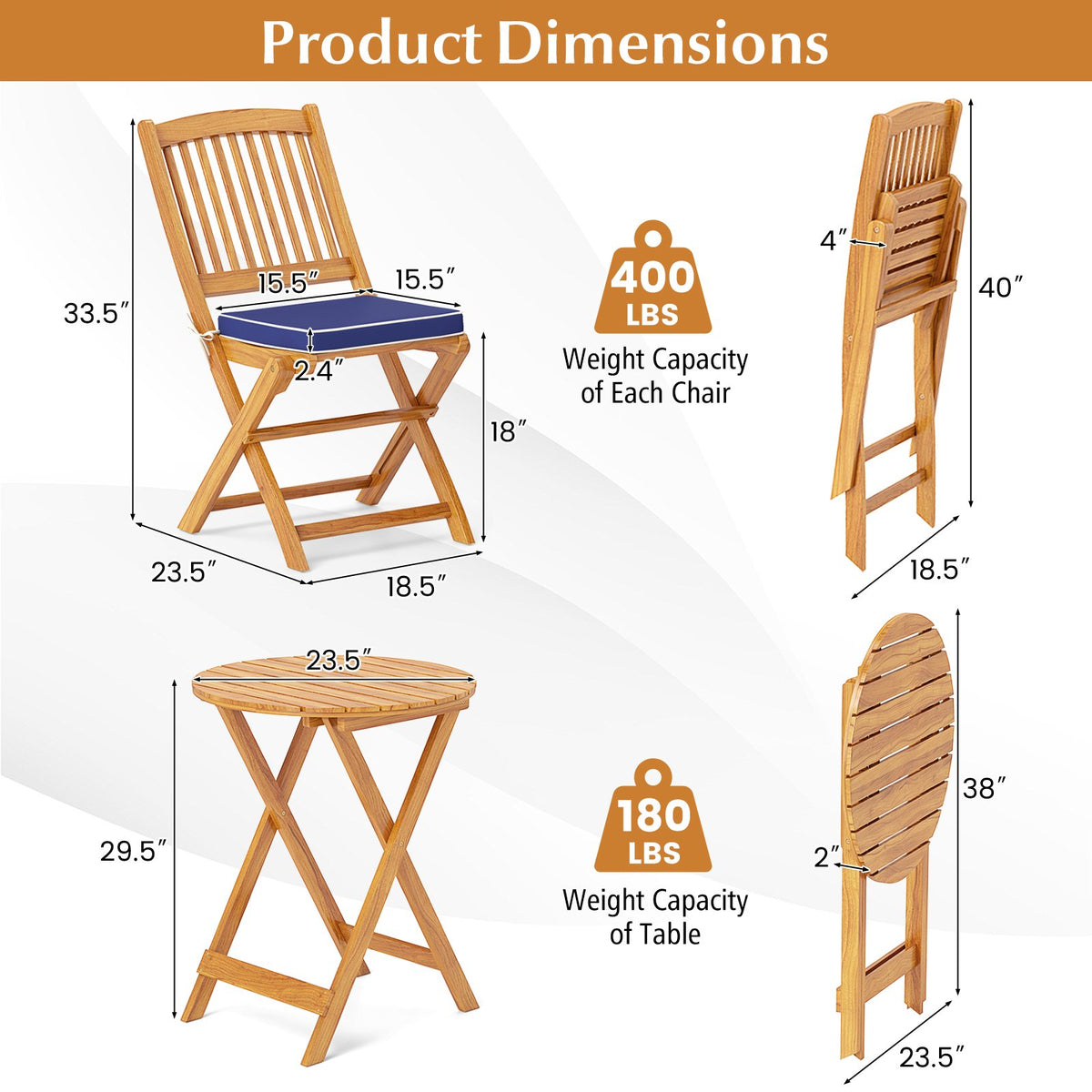 3 Pieces Acacia Wood Patio Folding Bistro Set with Soft Cushions-Navy view 5