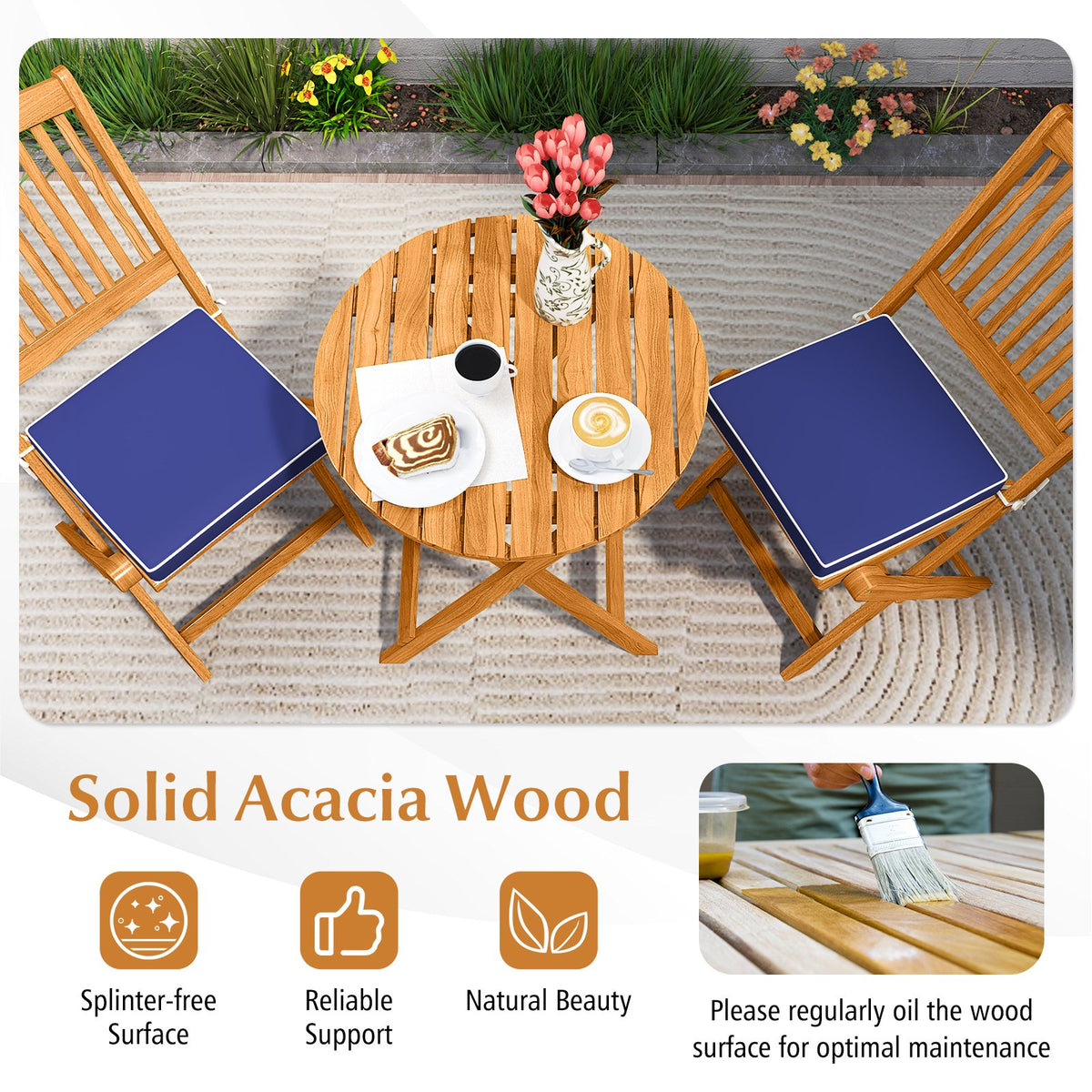 3 Pieces Acacia Wood Patio Folding Bistro Set with Soft Cushions-Navy view 7