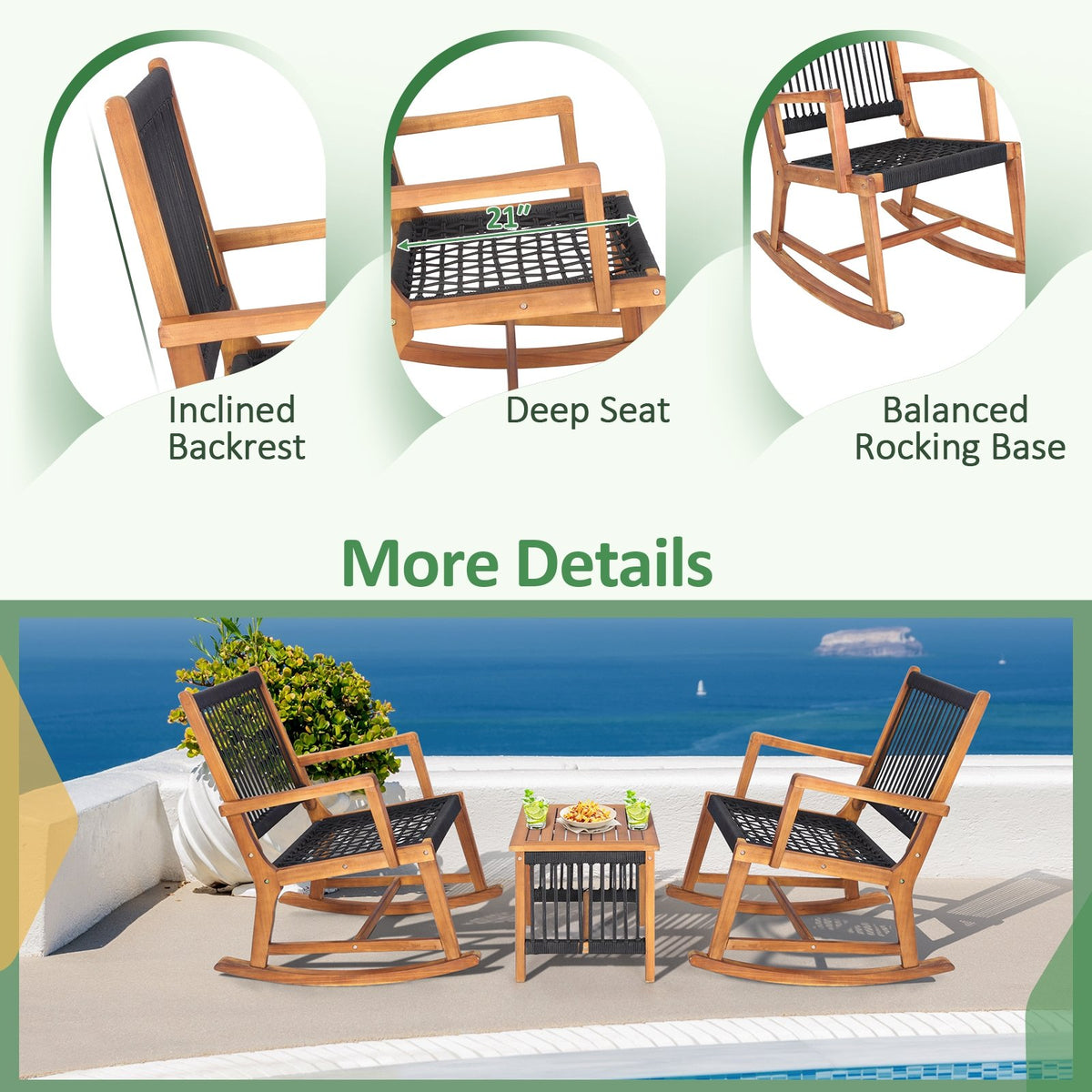 3 Pieces Acacia Wood Rocking Bistro Set view 9