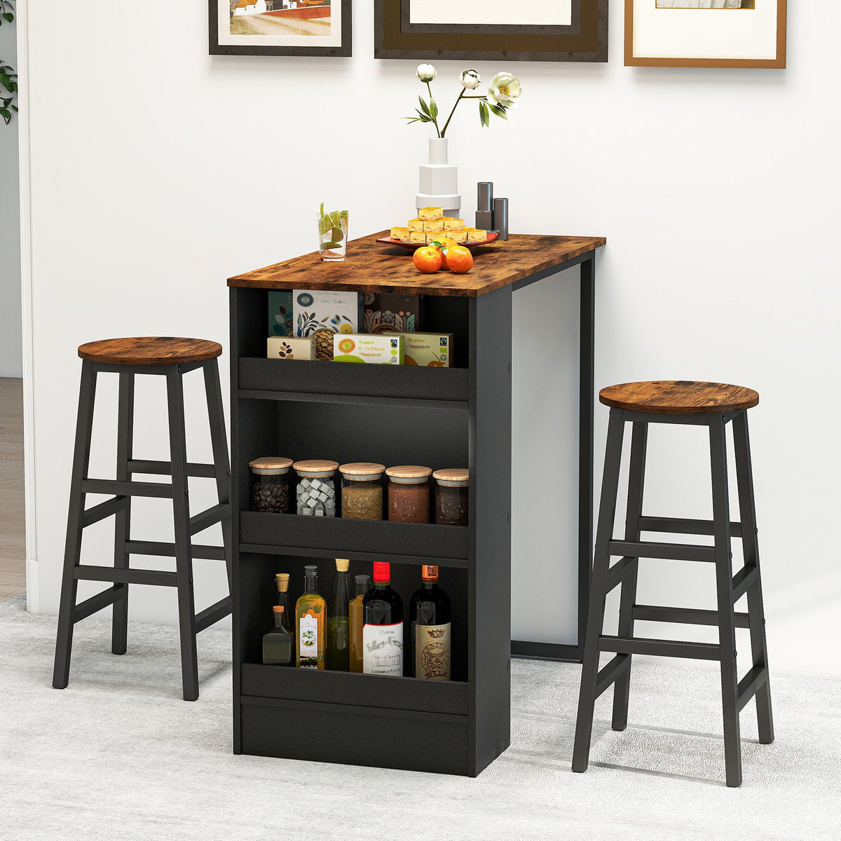 3 Pieces Bar Table Set with Storage view 2