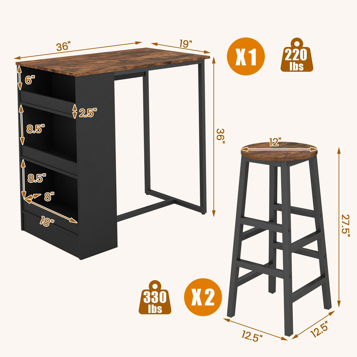 3 Pieces Bar Table Set with Storage view 5