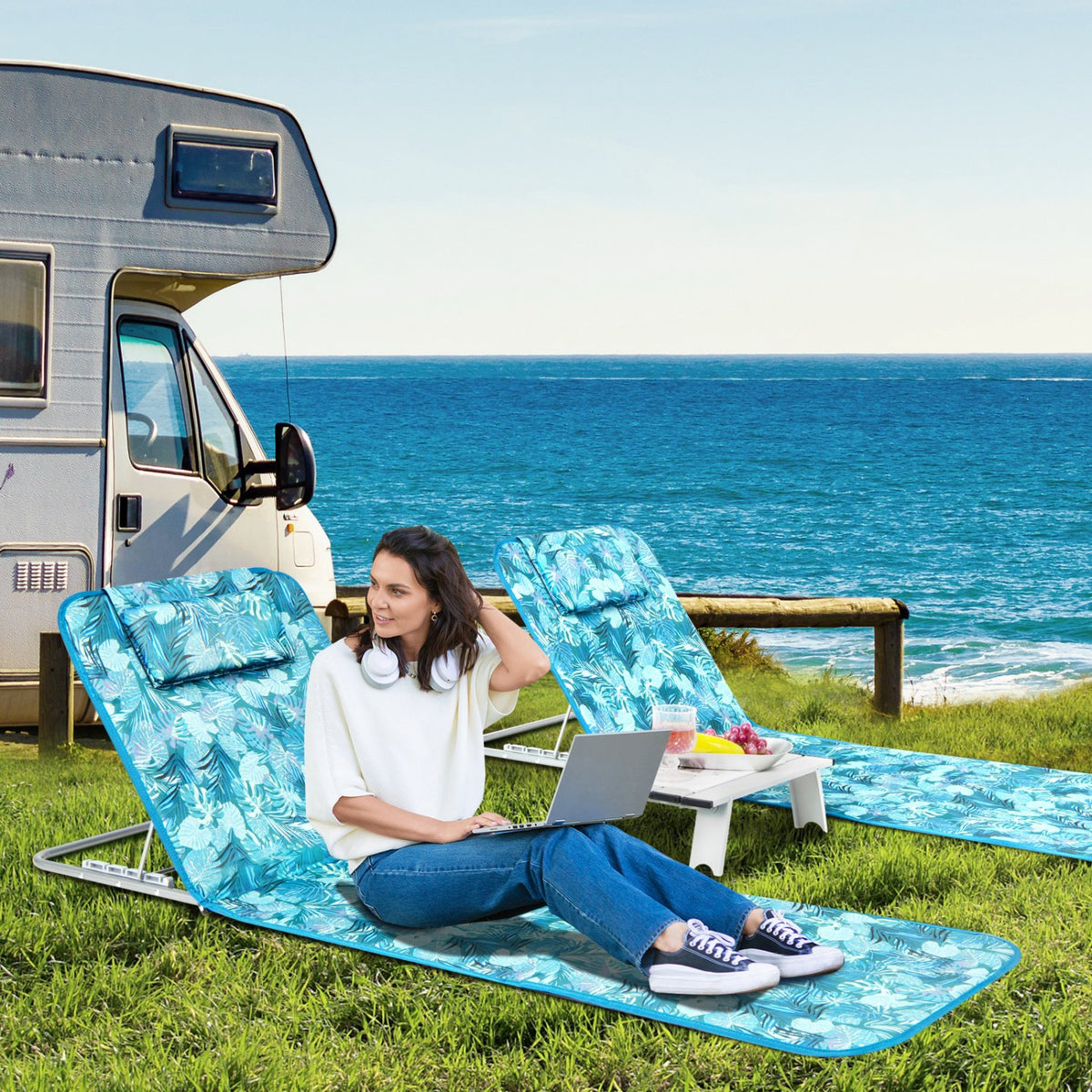 3 Pieces Beach Lounge Chair Mat Set 2 Adjustable Lounge Chairs with Table Stripe-Green view 3