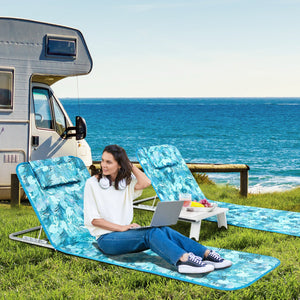 3 Pieces Beach Lounge Chair Mat Set 2 Adjustable Lounge Chairs with Table Stripe-Green view 3
