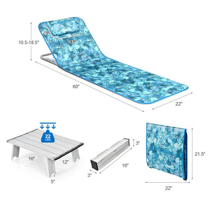 3 Pieces Beach Lounge Chair Mat Set 2 Adjustable Lounge Chairs with Table Stripe-Green view 4