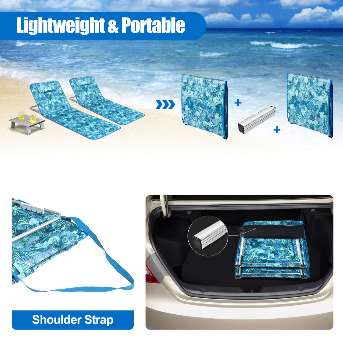 3 Pieces Beach Lounge Chair Mat Set 2 Adjustable Lounge Chairs with Table Stripe-Green view 5