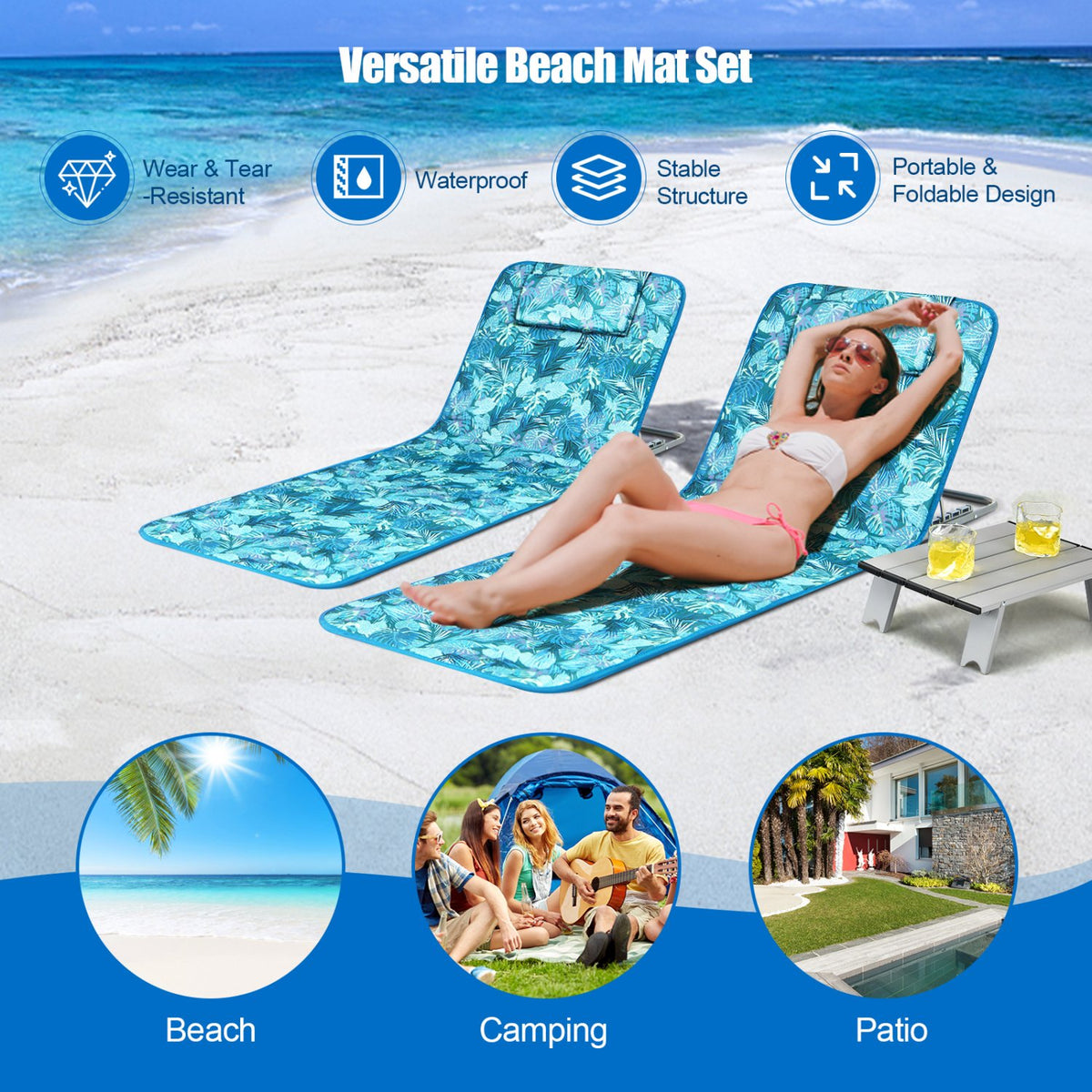 3 Pieces Beach Lounge Chair Mat Set 2 Adjustable Lounge Chairs with Table Stripe-Green view 8
