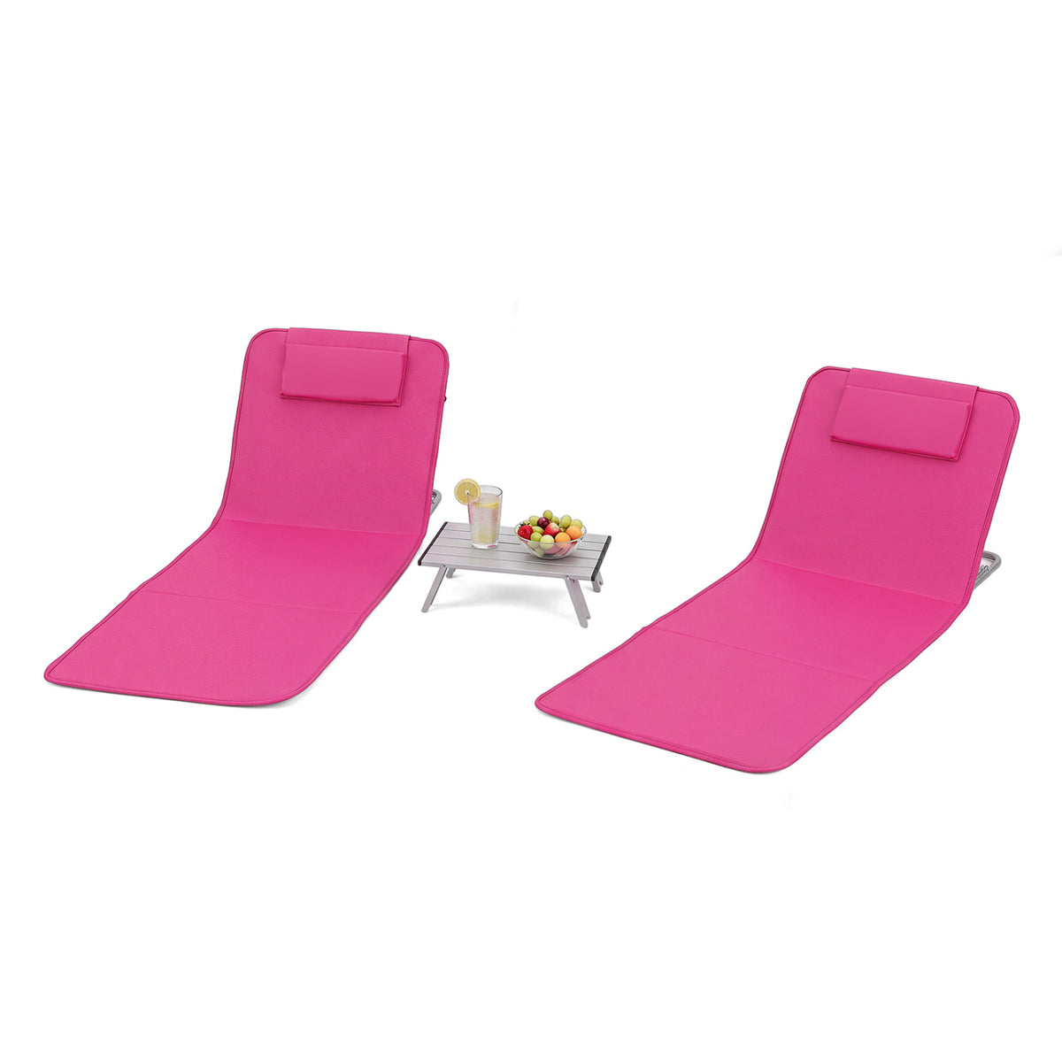 3 Pieces Beach Lounge Chair Mat Set 2 Adjustable Lounge Chairs with Table Stripe-Pink view 5