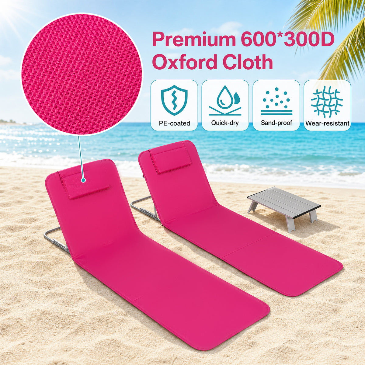 3 Pieces Beach Lounge Chair Mat Set 2 Adjustable Lounge Chairs with Table Stripe-Pink view 9