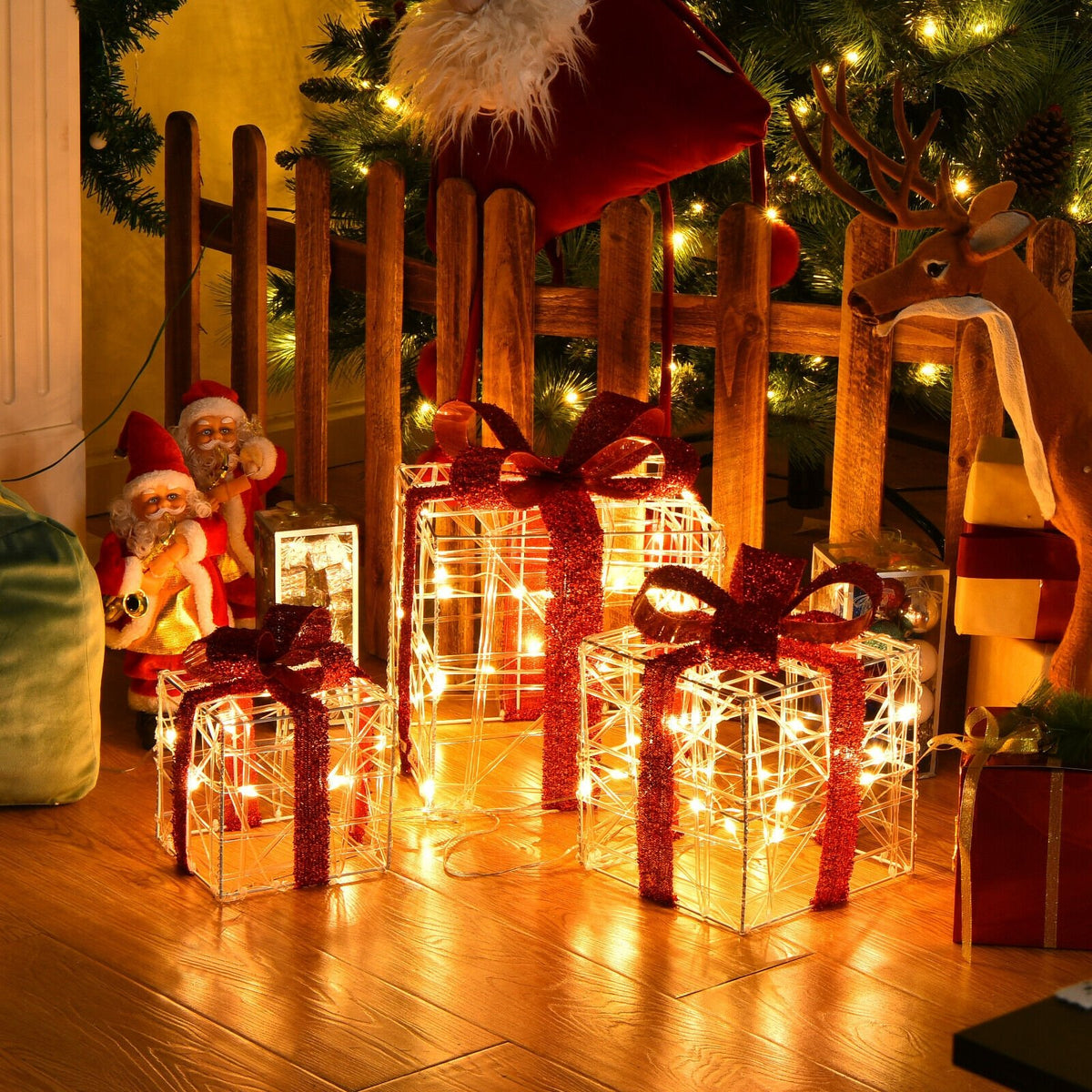 3 Pieces Christmas Lighted Gift Boxes Decorations with 60 LED Lights for Indoor and Outdoor view 2