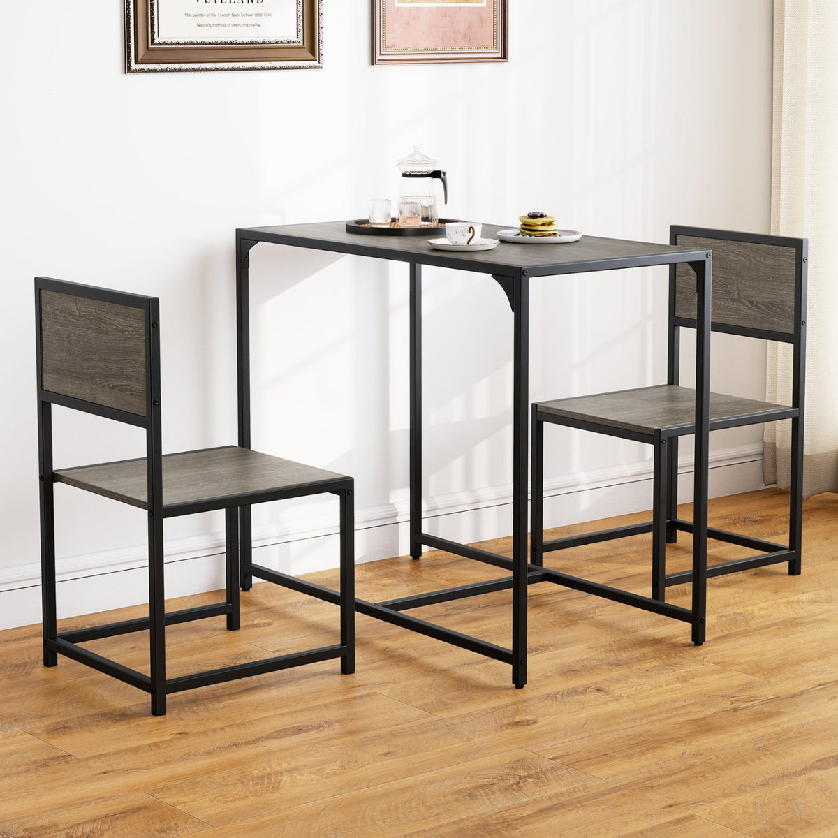 3 Pieces Dining Set Compact Table and 2 Chair with Metal Frame for Small Space-Oak view 2