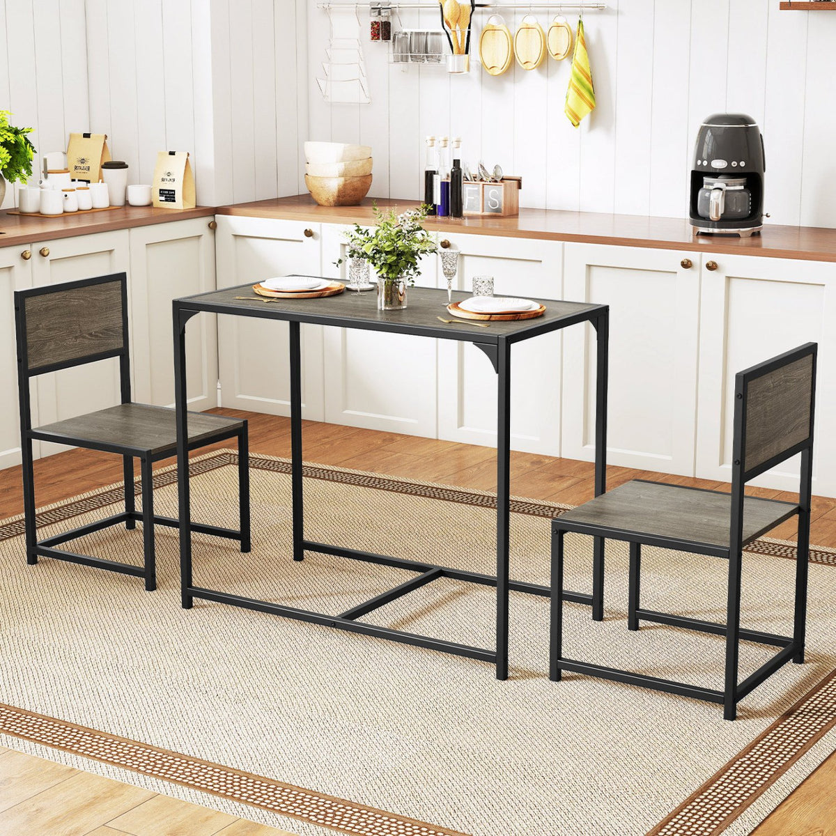 3 Pieces Dining Set Compact Table and 2 Chair with Metal Frame for Small Space-Oak view 3