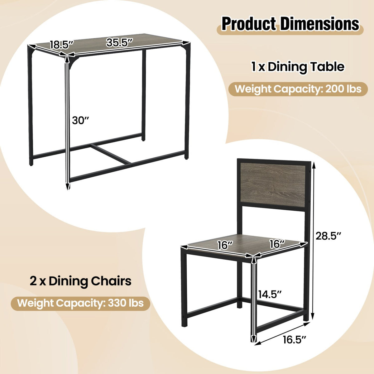 3 Pieces Dining Set Compact Table and 2 Chair with Metal Frame for Small Space-Oak view 5
