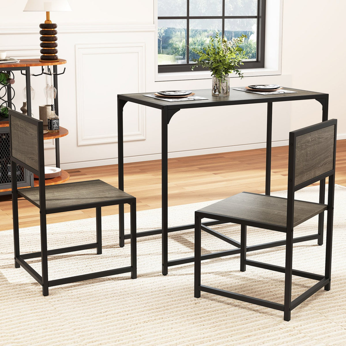 3 Pieces Dining Set Compact Table and 2 Chair with Metal Frame for Small Space-Oak view 6