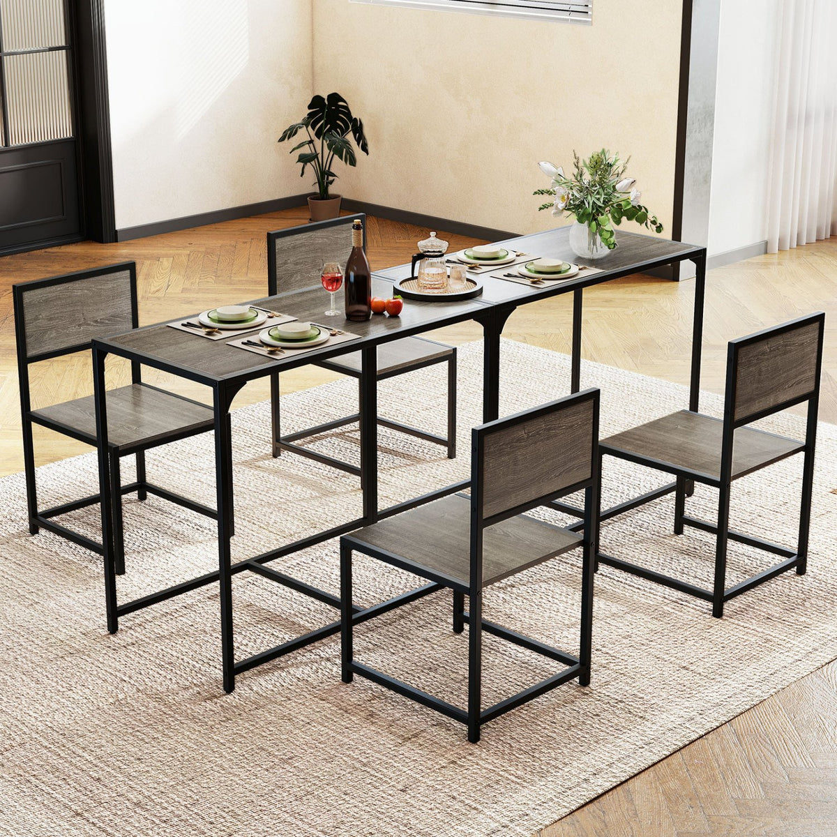 3 Pieces Dining Set Compact Table and 2 Chair with Metal Frame for Small Space-Oak view 7