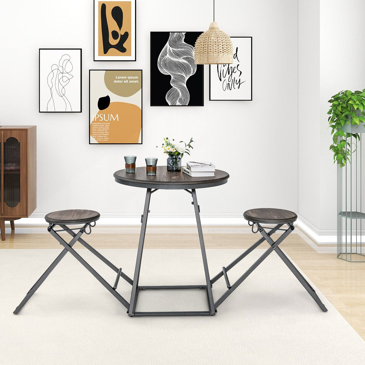 3 Pieces Dining Table Set with 2 Foldable Stools for Small Space-Gray view 2