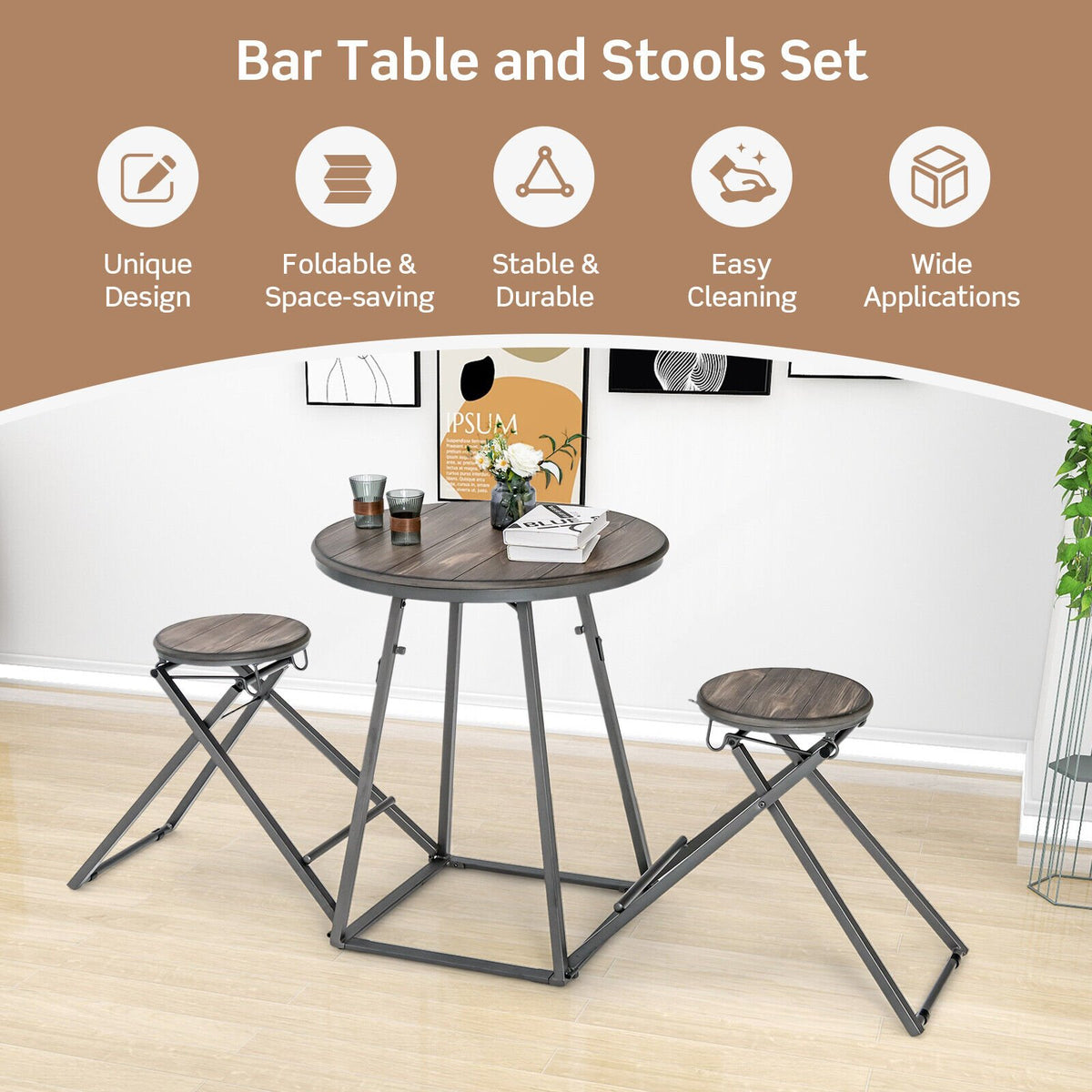 3 Pieces Dining Table Set with 2 Foldable Stools for Small Space-Gray view 3