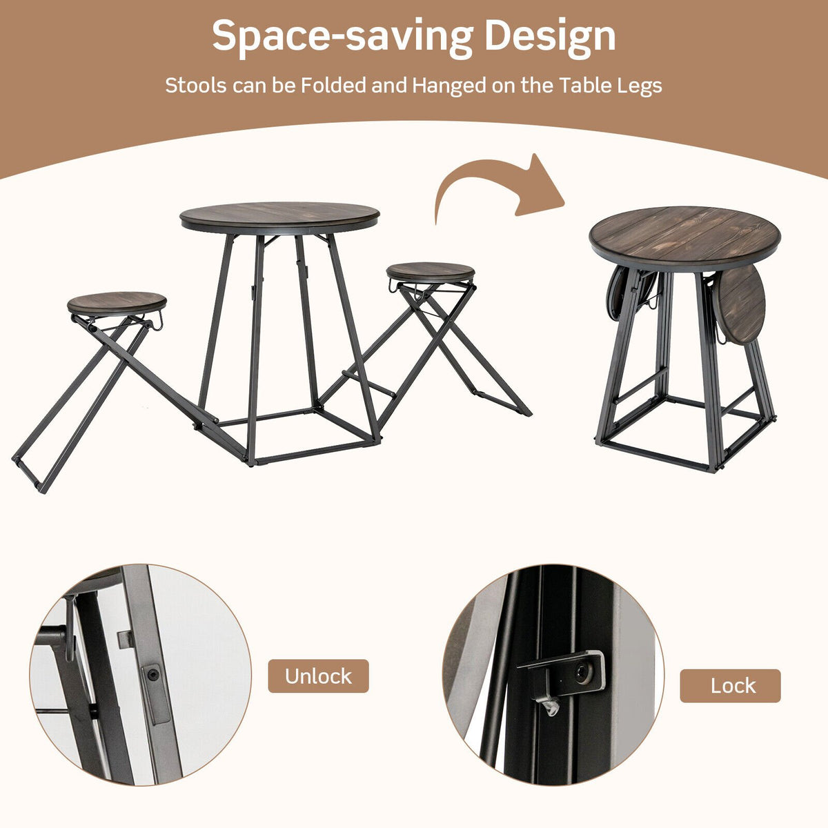 3 Pieces Dining Table Set with 2 Foldable Stools for Small Space-Gray view 5