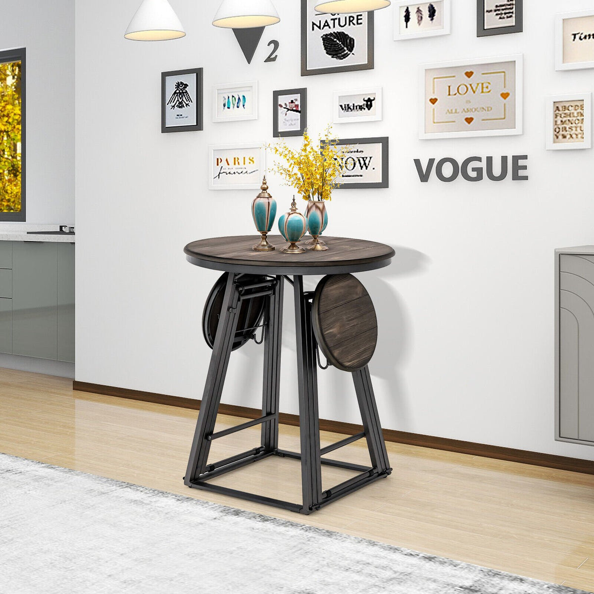 3 Pieces Dining Table Set with 2 Foldable Stools for Small Space-Gray view 6