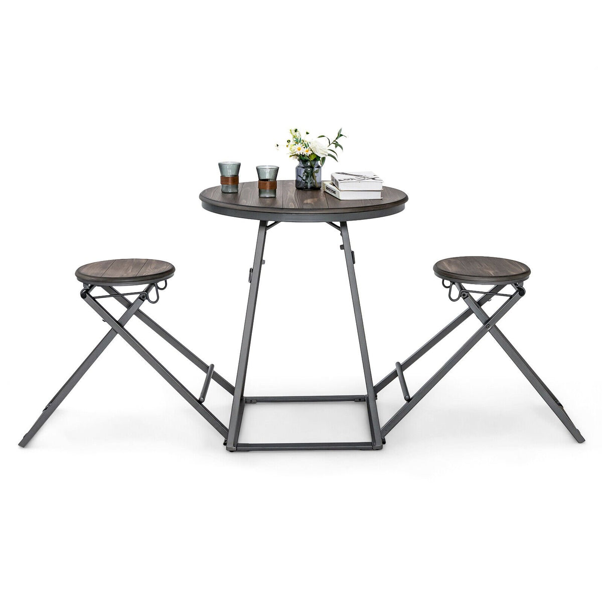 3 Pieces Dining Table Set with 2 Foldable Stools for Small Space-Gray view 7