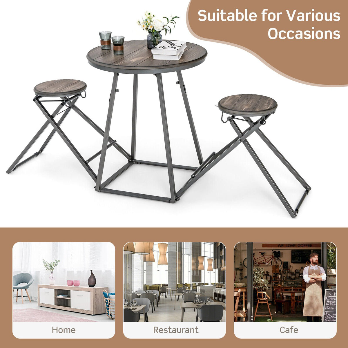 3 Pieces Dining Table Set with 2 Foldable Stools for Small Space-Gray view 9