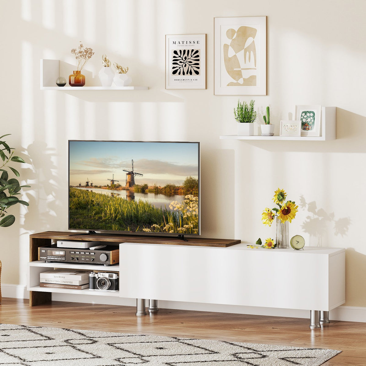 3 Pieces Farmhouse TV Stand for TVs up to 80 Inch with Cabinet and Compartments-White view 2