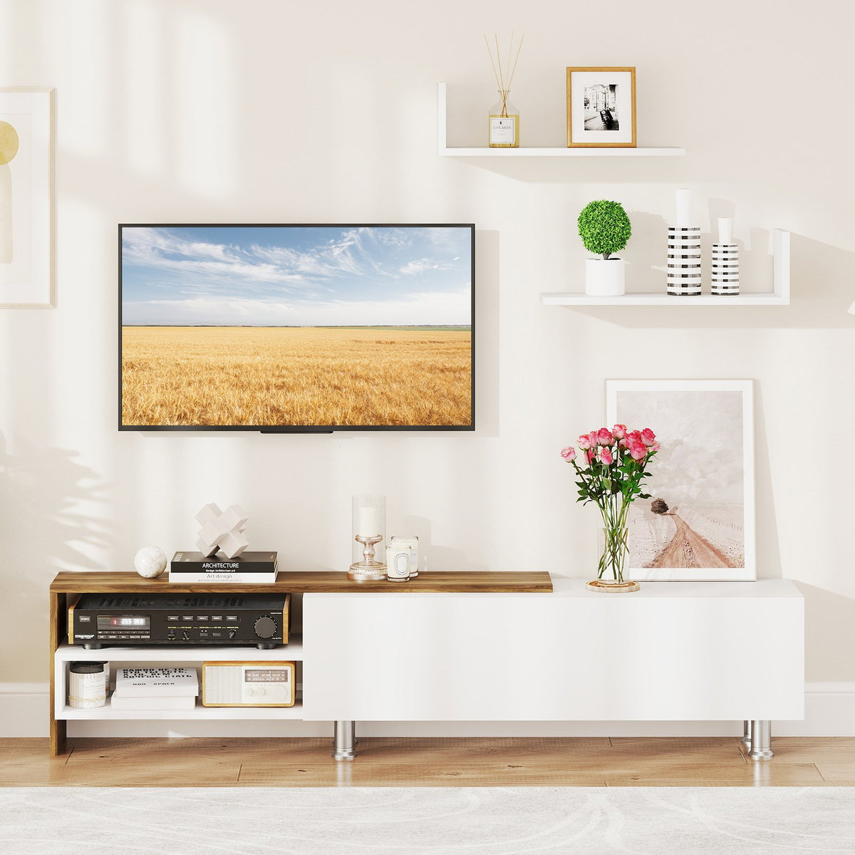 3 Pieces Farmhouse TV Stand for TVs up to 80 Inch with Cabinet and Compartments-White view 3