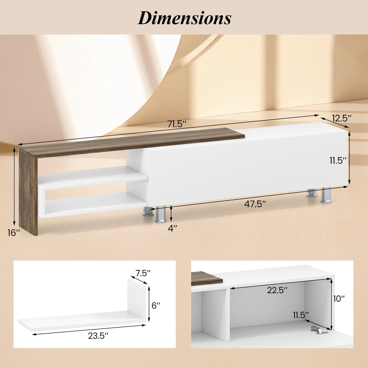 3 Pieces Farmhouse TV Stand for TVs up to 80 Inch with Cabinet and Compartments-White view 5