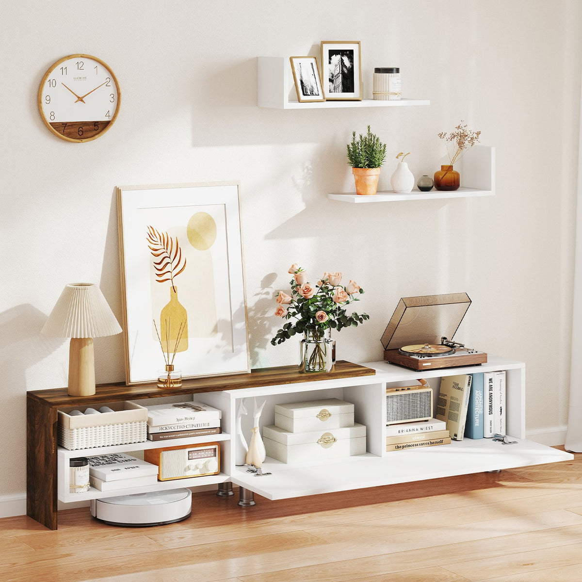 3 Pieces Farmhouse TV Stand for TVs up to 80 Inch with Cabinet and Compartments-White view 6