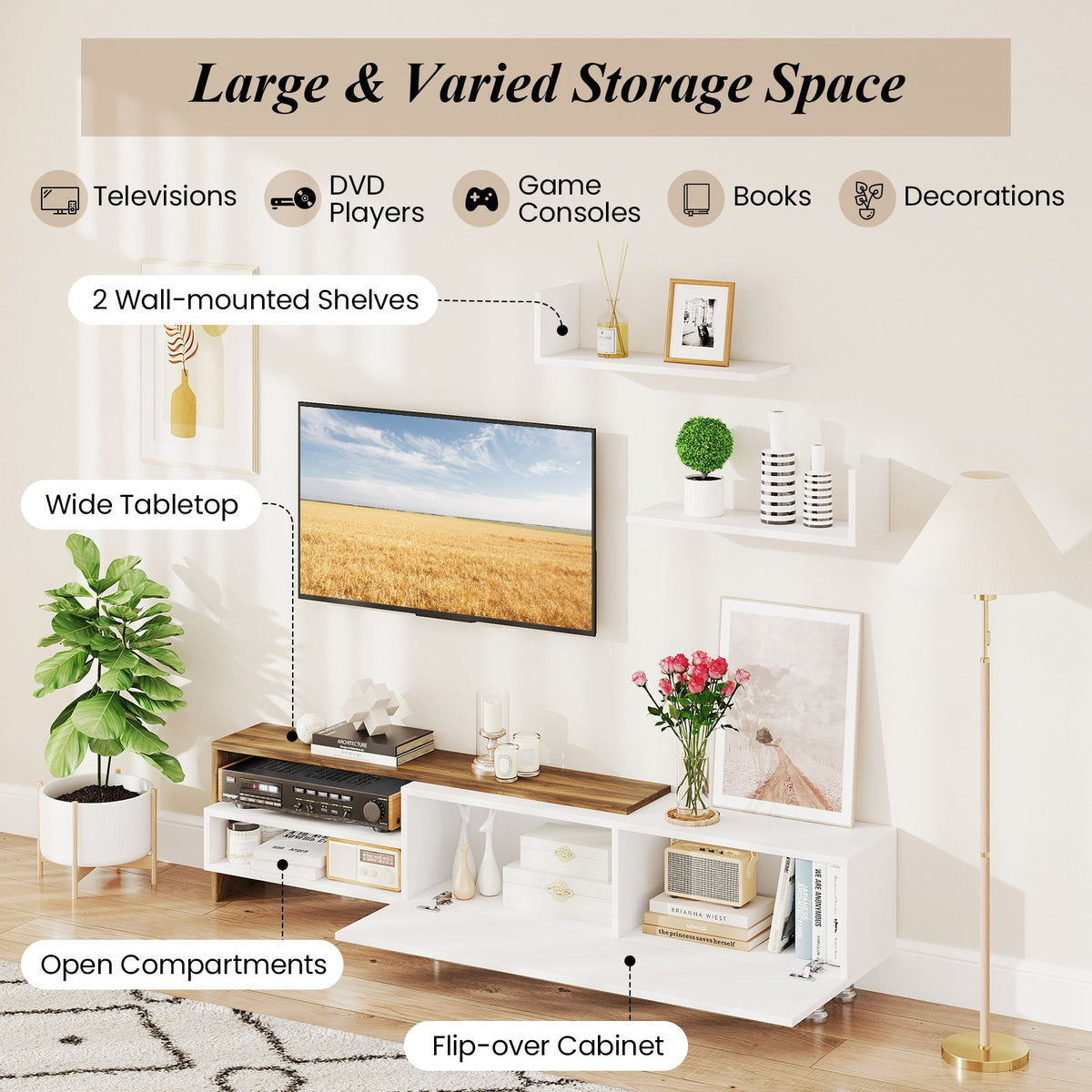 3 Pieces Farmhouse TV Stand for TVs up to 80 Inch with Cabinet and Compartments-White view 7