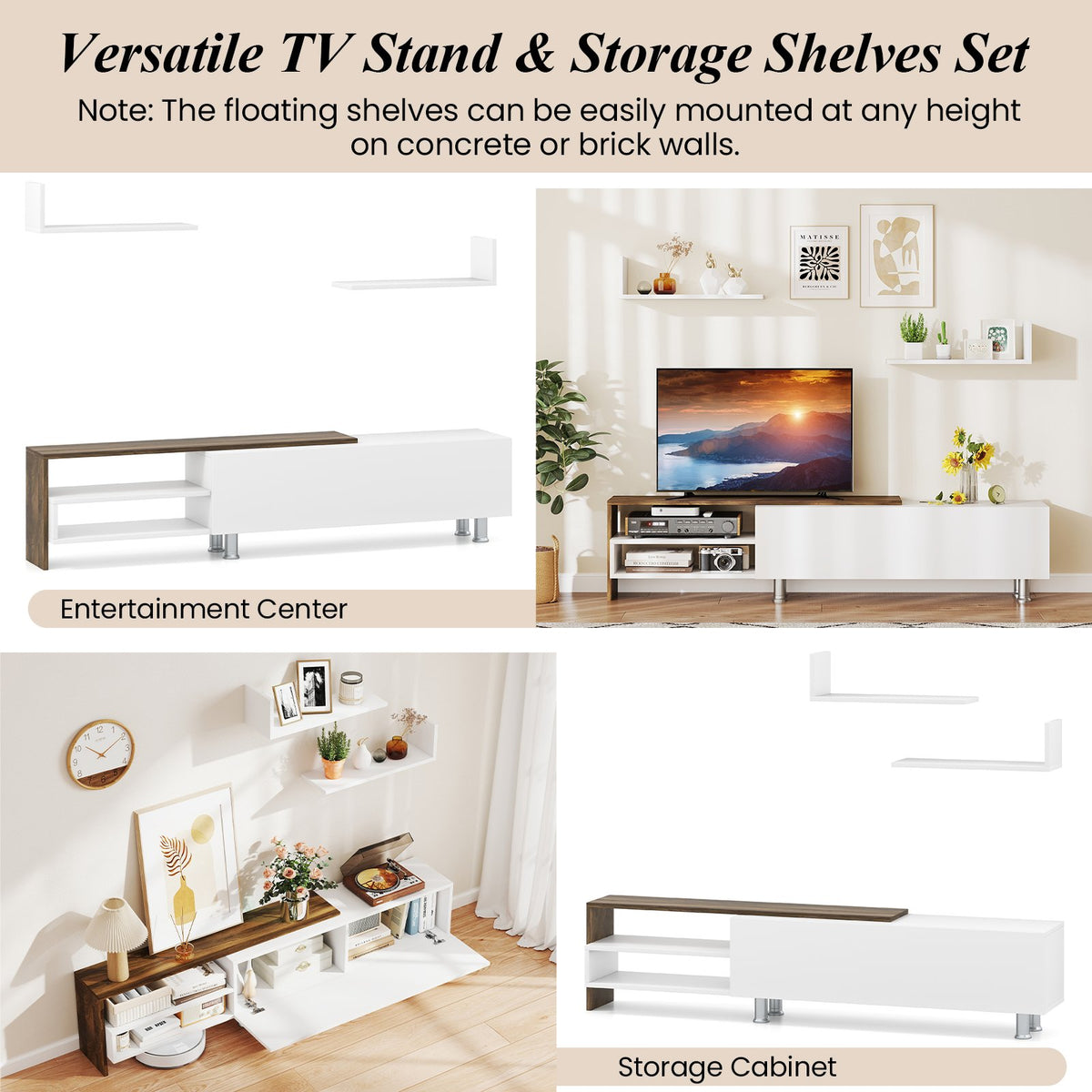 3 Pieces Farmhouse TV Stand for TVs up to 80 Inch with Cabinet and Compartments-White view 8