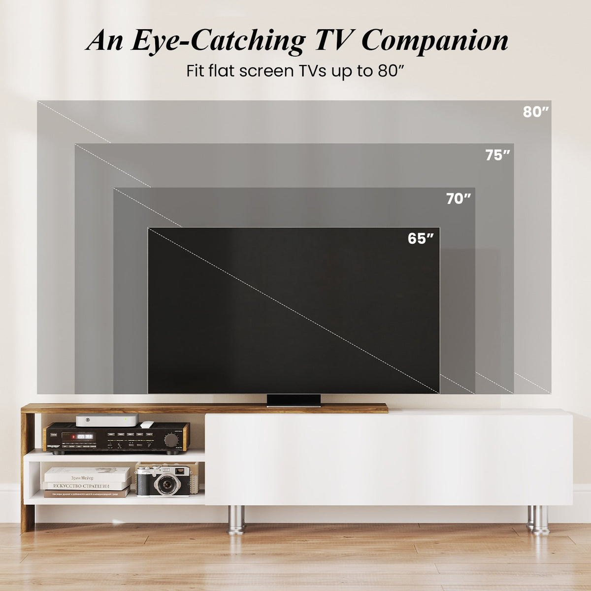 3 Pieces Farmhouse TV Stand for TVs up to 80 Inch with Cabinet and Compartments-White view 9