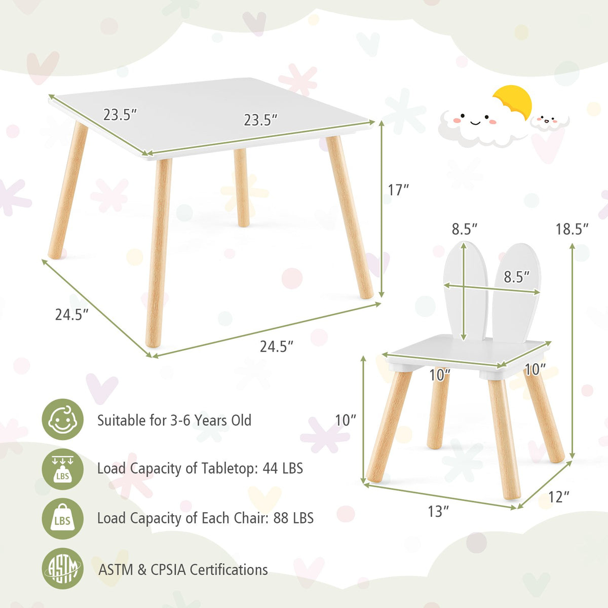 3 Pieces Kids Table and Chairs Set for Arts Crafts Snack Time-White view 5
