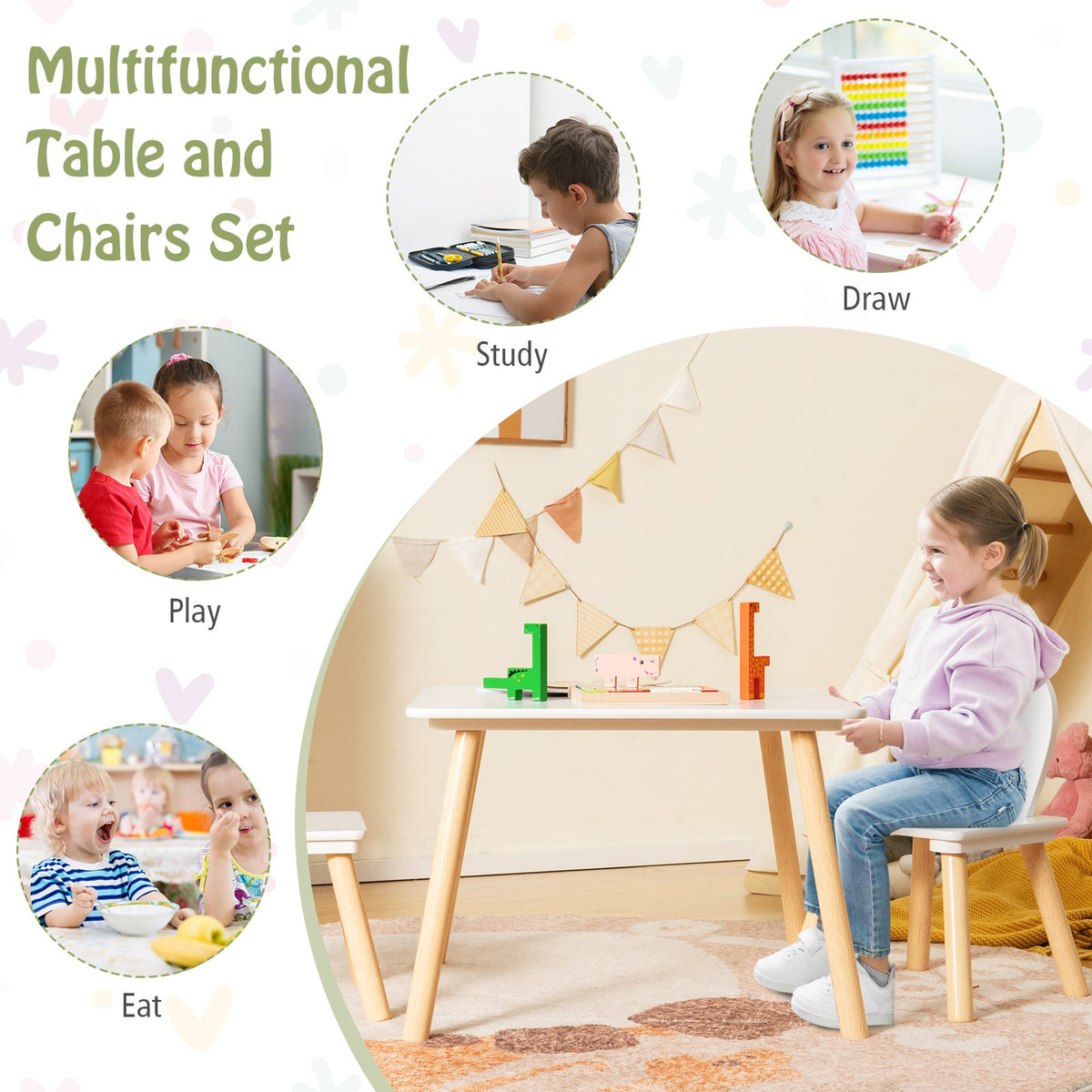 3 Pieces Kids Table and Chairs Set for Arts Crafts Snack Time-White view 7