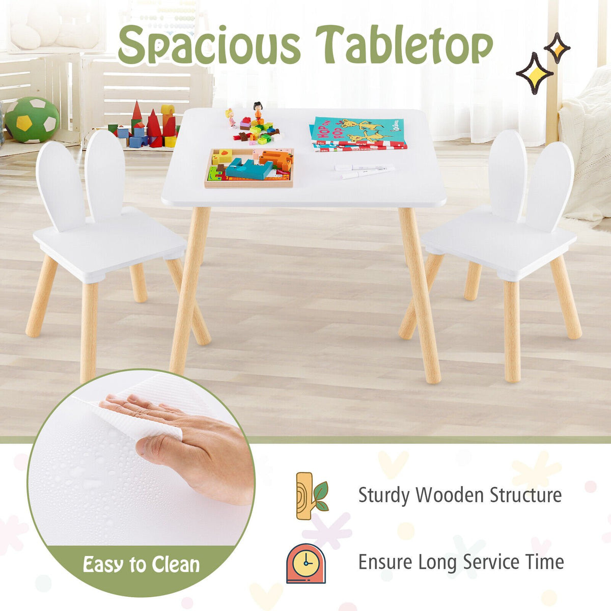 3 Pieces Kids Table and Chairs Set for Arts Crafts Snack Time-White view 8