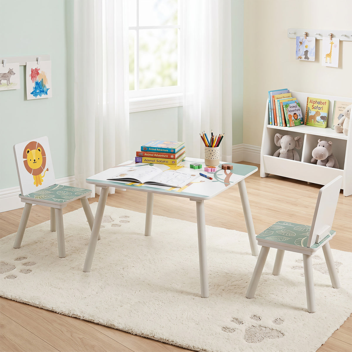 3 Pieces Kids Table and Chairs Set with Animal Patterns for Aged 3-6 Years Old view 2