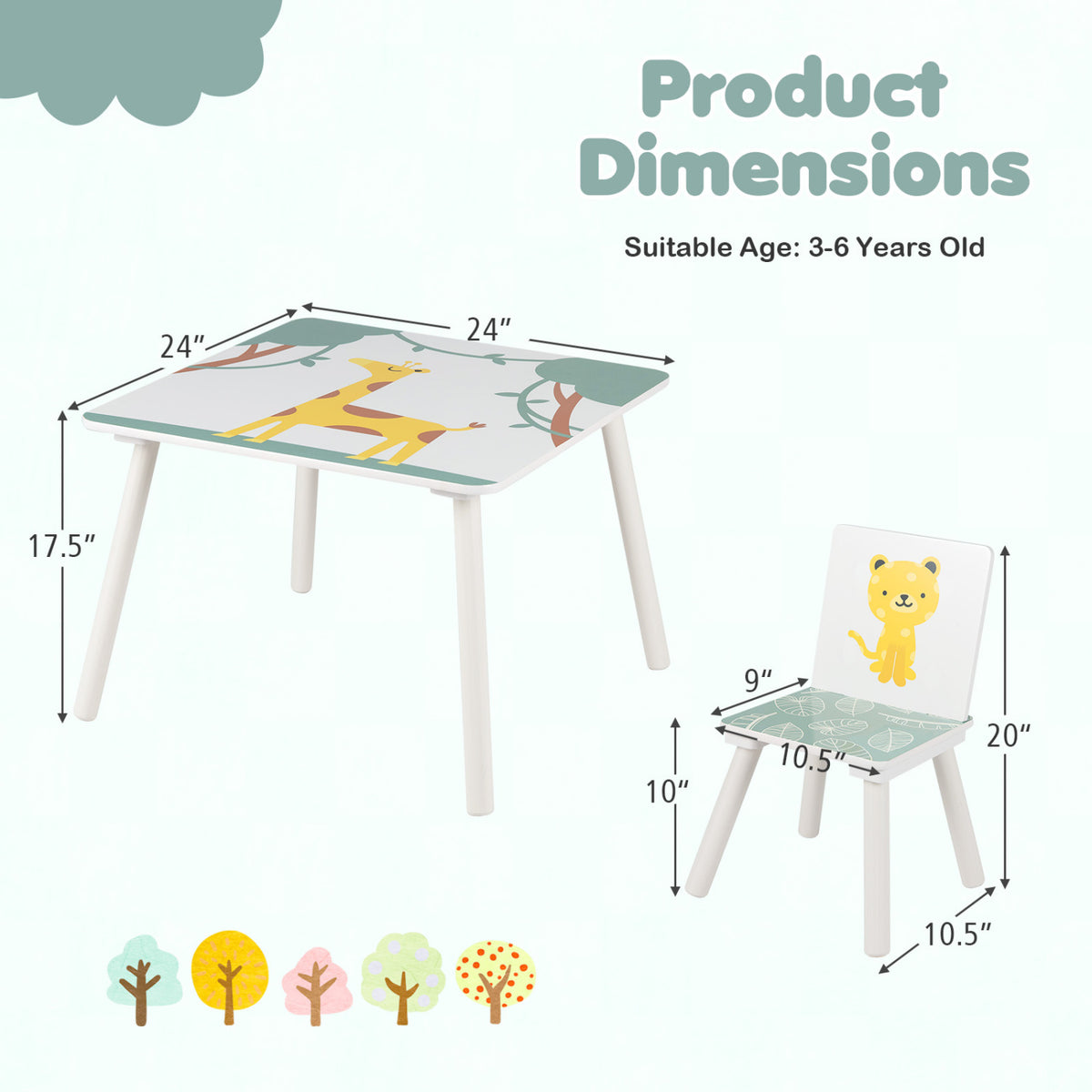 3 Pieces Kids Table and Chairs Set with Animal Patterns for Aged 3-6 Years Old view 5