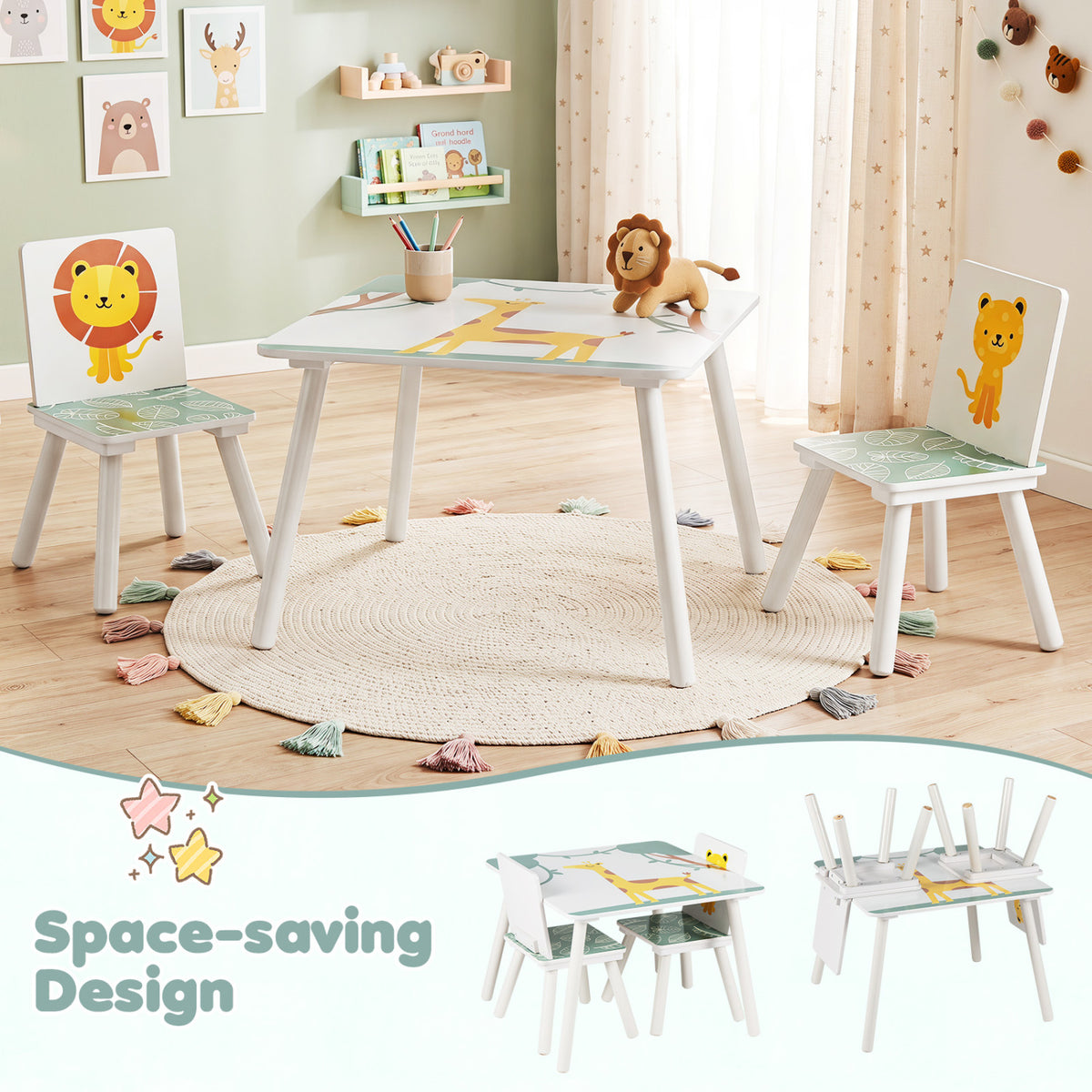 3 Pieces Kids Table and Chairs Set with Animal Patterns for Aged 3-6 Years Old view 9