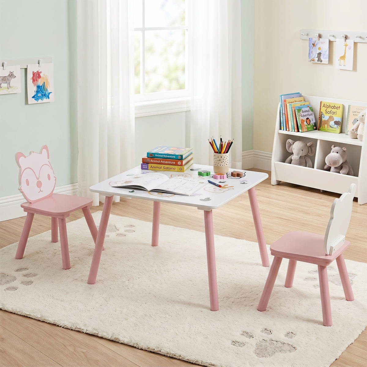 3 Pieces Kids Table and Chairs Set with Animal Patterns for Kids view 2