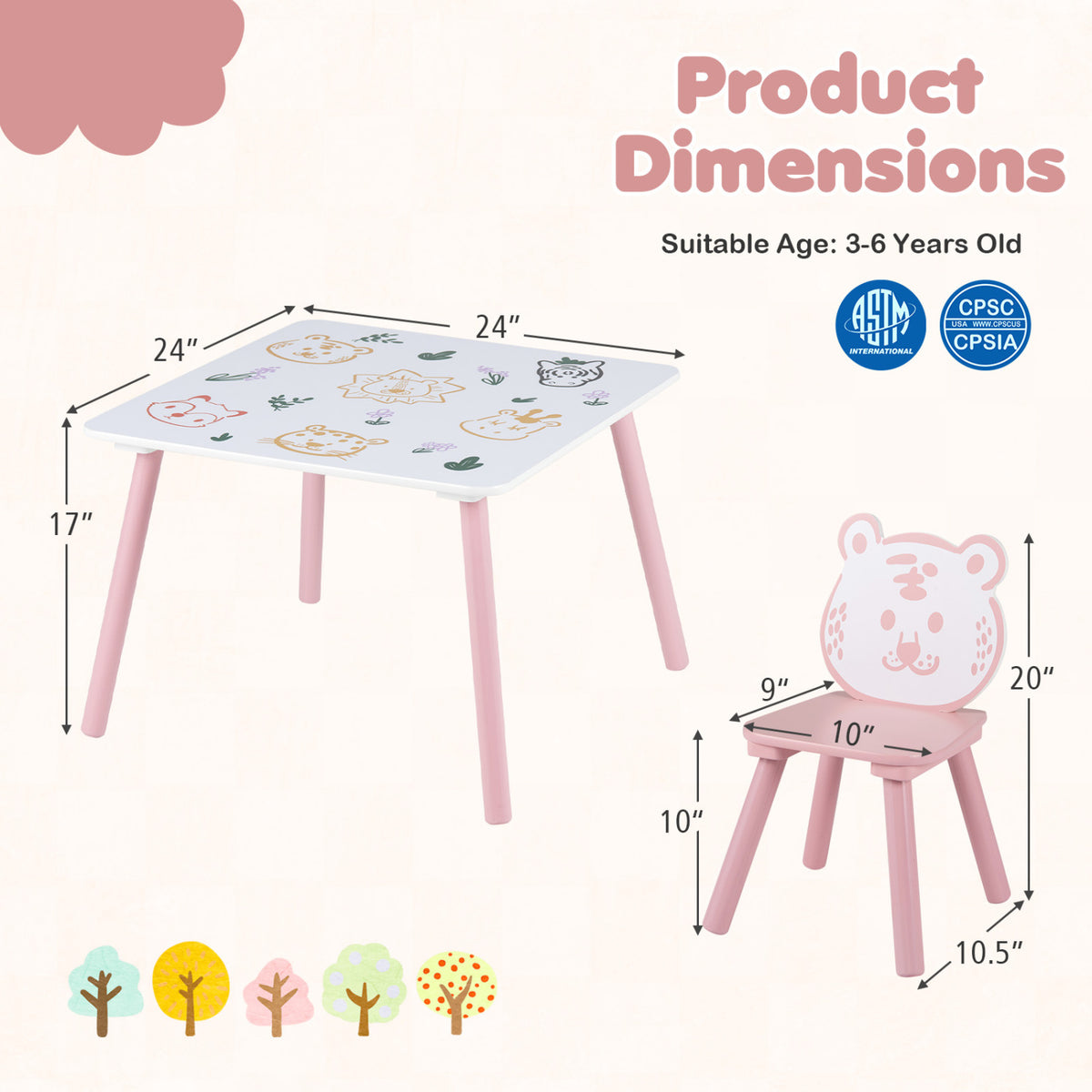 3 Pieces Kids Table and Chairs Set with Animal Patterns for Kids view 5