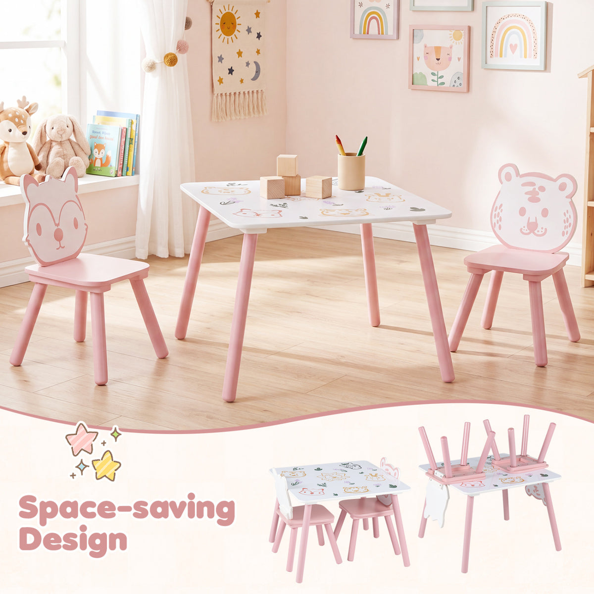 3 Pieces Kids Table and Chairs Set with Animal Patterns for Kids view 9
